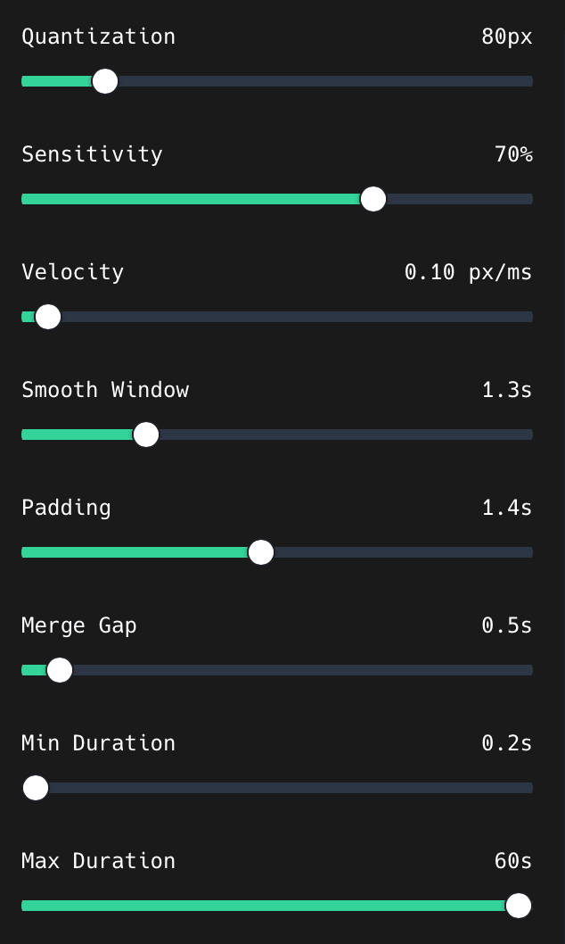 The Quantization, Sensitivity, Velocity, Smooth Window, Padding, Merge Gap, Min Duration, and Max Duration sliders in the ShotGlass Zoom panel