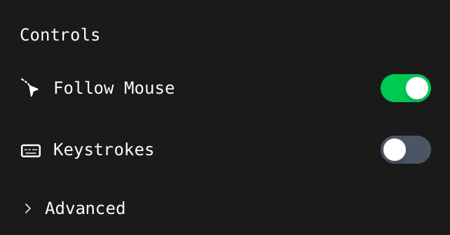 The Follow Mouse and Keystrokes toggles and the Advanced link in the ShotGlass Zoom panel