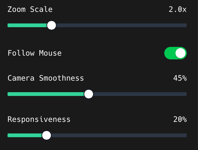 Zoom Scale, Follow Mouse, Camera Smoothness, and Responsiveness controls for a selected zoom in ShotGlass